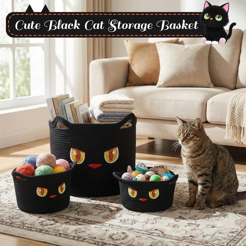 Acellegic 3 Pcs Black Cat Toy Basket with Cute Ears Cotton Rope Woven Baskets